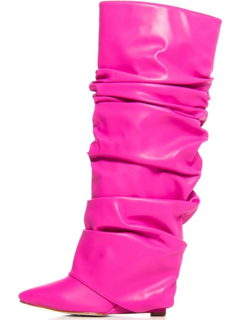 Women's Pink Covered Wedge Heel Patent Wide Calf Pointed Toe Knee High Boot